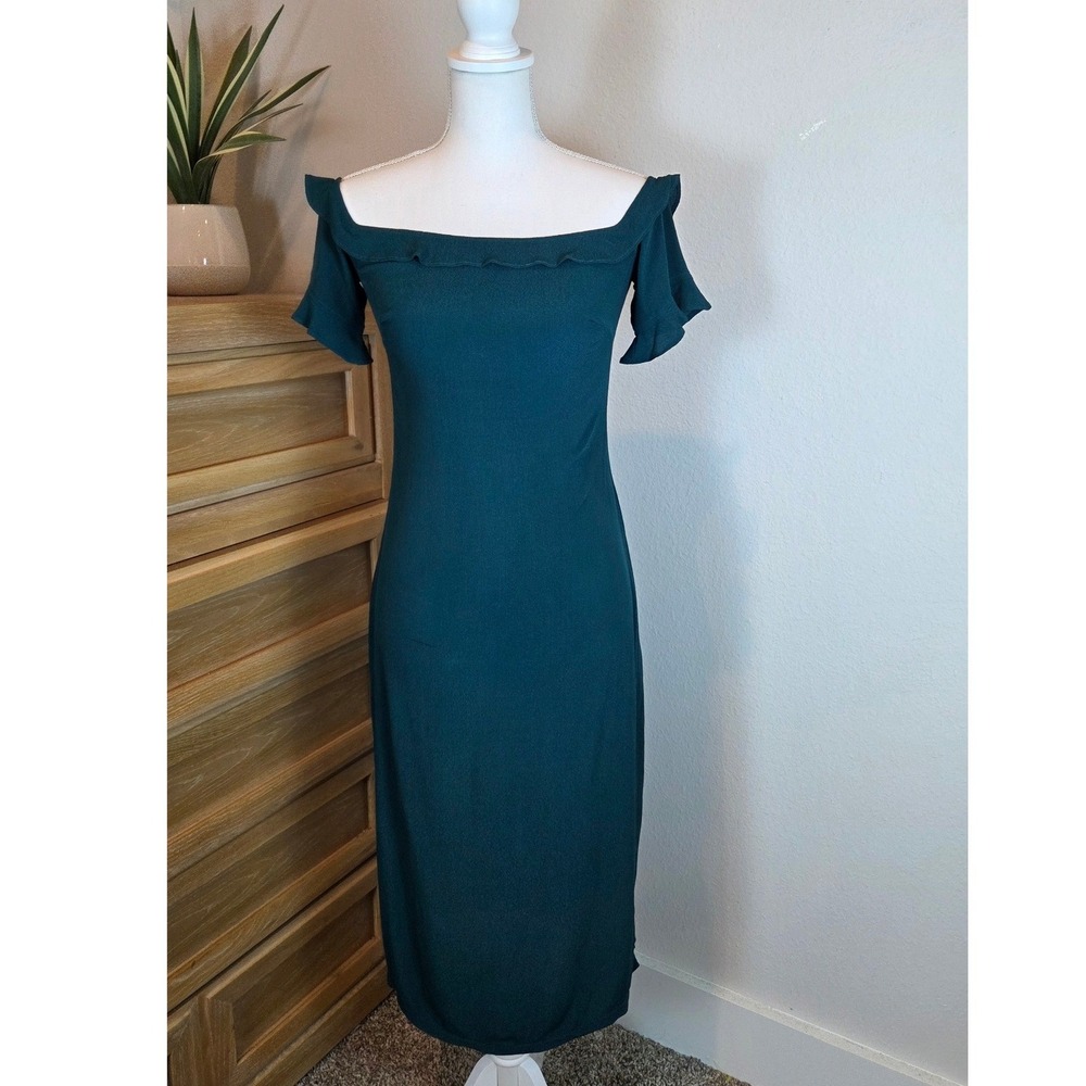 Reformation Antonia Teal Green Off Shoulder Ruffle Midi Dress Crepe Size 2-4 - Picture 5 of 8